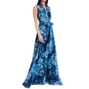 NWT JULIA JORDAN Blue Floral Sleeveless Tie Waist Organza Dress Gown Size 4